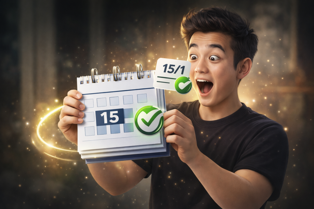 ชายหนุ่มทำหน้าตกใจดีใจ ถือปฏิทินกระดาษที่เน้นเลข 15 พร้อมสัญลักษณ์เช็คสีเขียว สื่อถึงเลื่อนจ่ายได้ 15 วันและคุ้มครองต่อเนื่อง