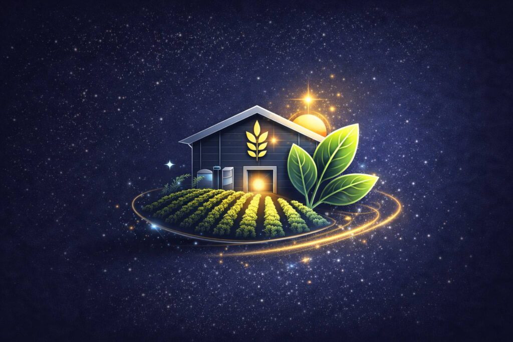 “Futuristic agriculture icon: a modern barn with glowing wheat symbol, crop rows, green leaves, and a sunrise halo on a starry deep-blue background.”