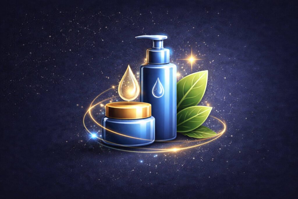 “Futuristic beauty icon: blue skincare bottles and a cream jar with glowing serum drops and green leaves, floating on a starry deep-blue background.”