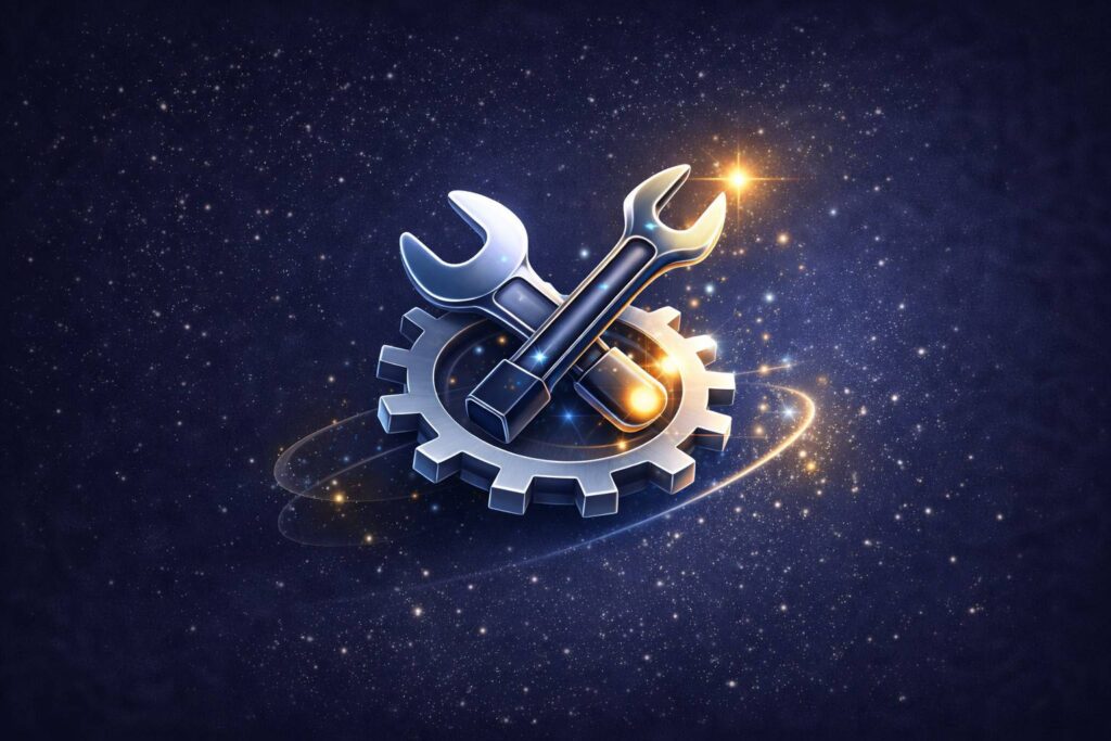 “Futuristic craftsmanship icon: two crossed wrenches over a metallic gear, glowing highlights and orbiting light trails on a starry deep-blue background.”
