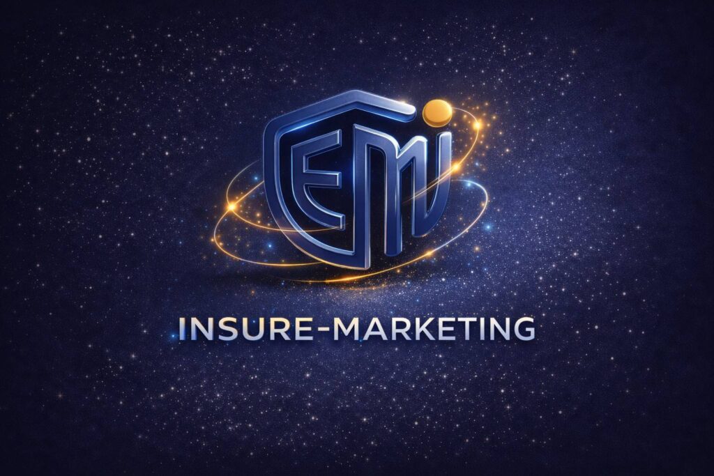 “INSURE-MARKETING logo: metallic blue ‘EM’ shield monogram with a golden orbit ring and glowing dot on a starry deep-blue background, with the text ‘INSURE-MARKETING’ below.”