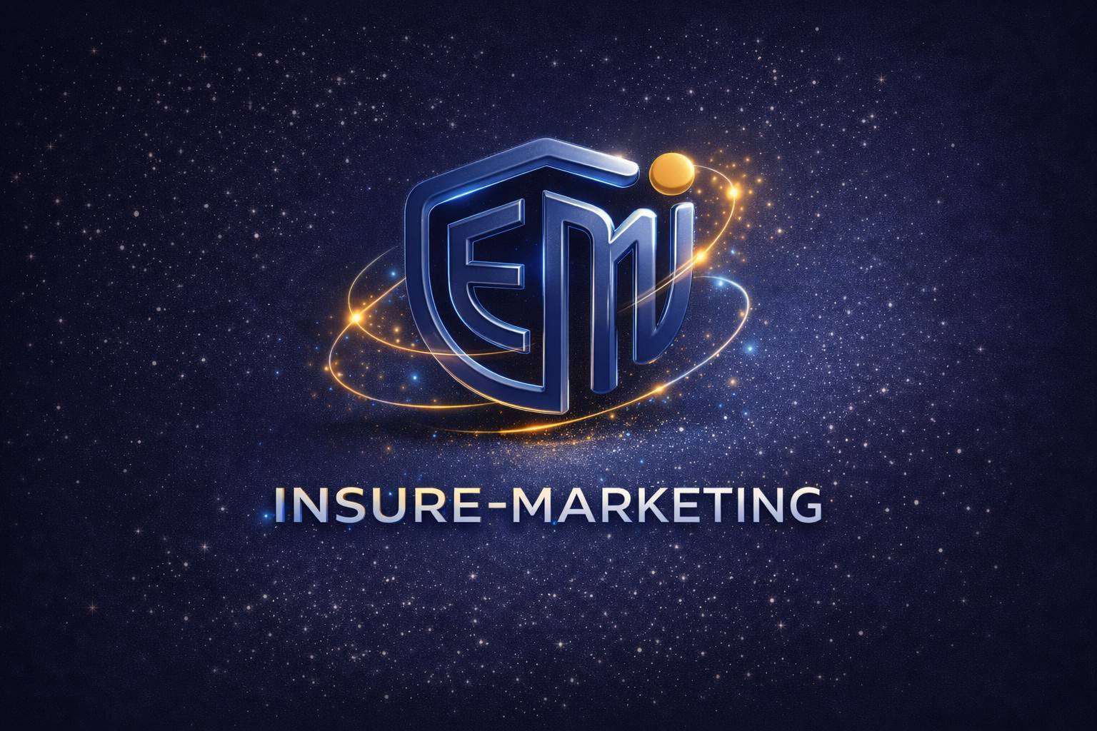 “INSURE-MARKETING logo: metallic blue ‘EM’ shield monogram with a golden orbit ring and glowing dot on a starry deep-blue background, with the text ‘INSURE-MARKETING’ below.”