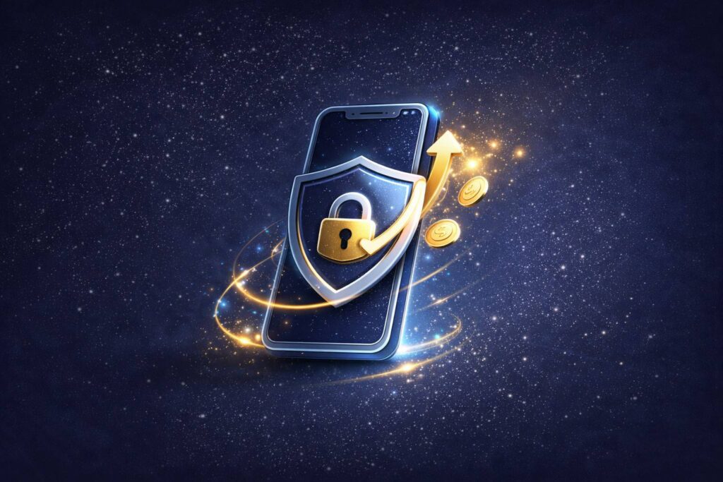 “Futuristic insurance icon: a smartphone with a shield and padlock, glowing golden upward arrow and coins on a starry deep-blue background.”