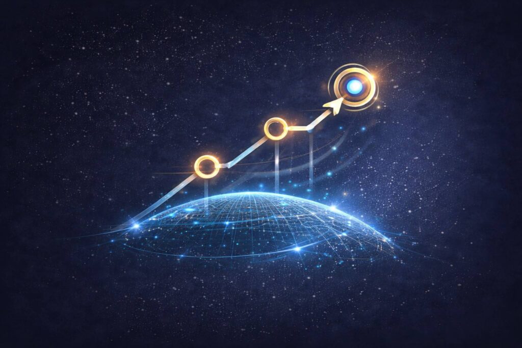 “Futuristic growth funnel icon: an upward line graph with glowing gold nodes and an arrow targeting a bright blue point above a digital globe on a starry blue background.”