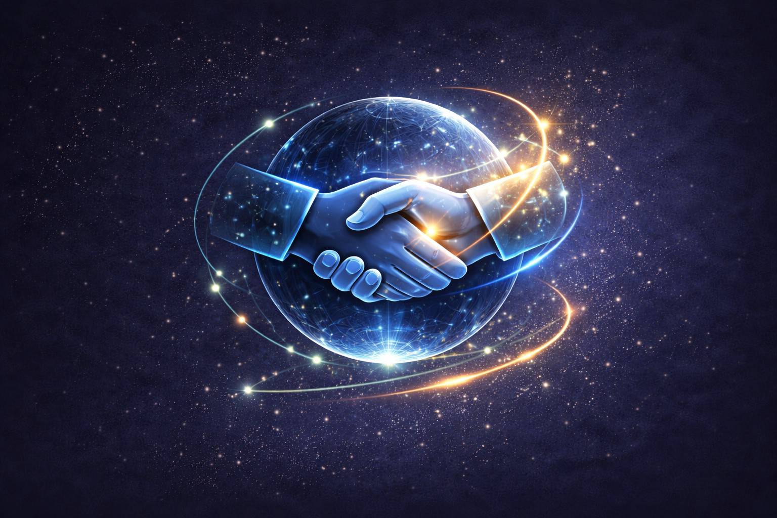 ภาพจับมือบนลูกโลกดิจิทัล มีเส้นแสงโคจรรอบ สื่อถึงระบบพันธมิตรที่เชื่อมเจ้าของสินค้า Insure-Marketing และพาร์ทเนอร์รายได้เสริมให้เติบโตด้วยกันแบบวัดผลได้