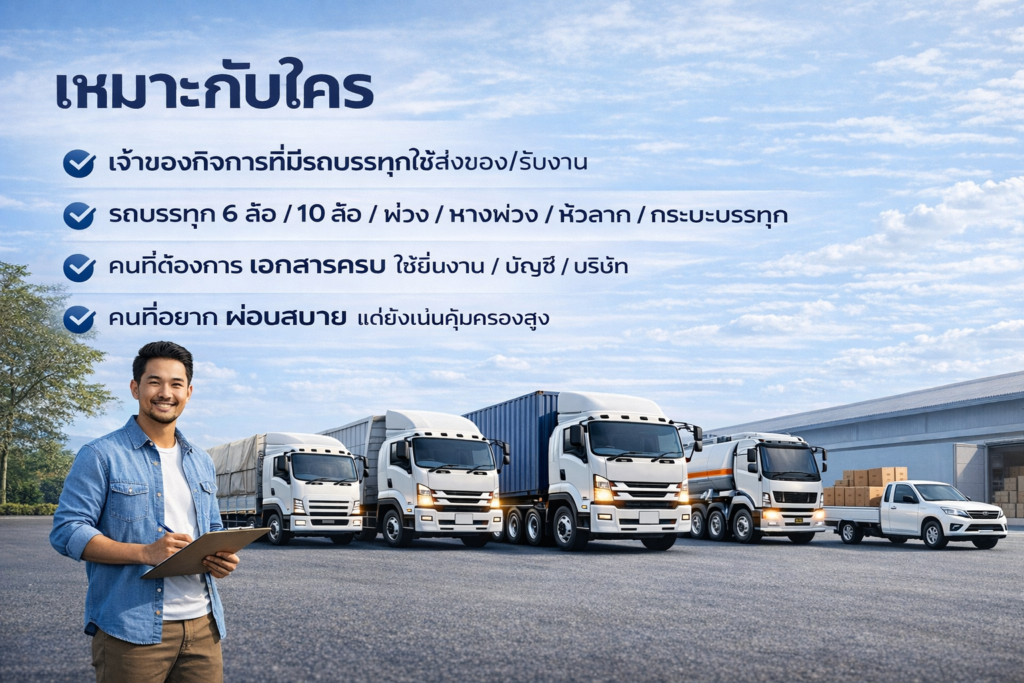 อินโฟกราฟิก “เหมาะกับใคร” สำหรับประกันรถบรรทุก แสดงรายการกลุ่มเป้าหมาย พร้อมภาพรถบรรทุกหลายแบบเรียงแถวและผู้ให้คำปรึกษาถือคลิปบอร์ด