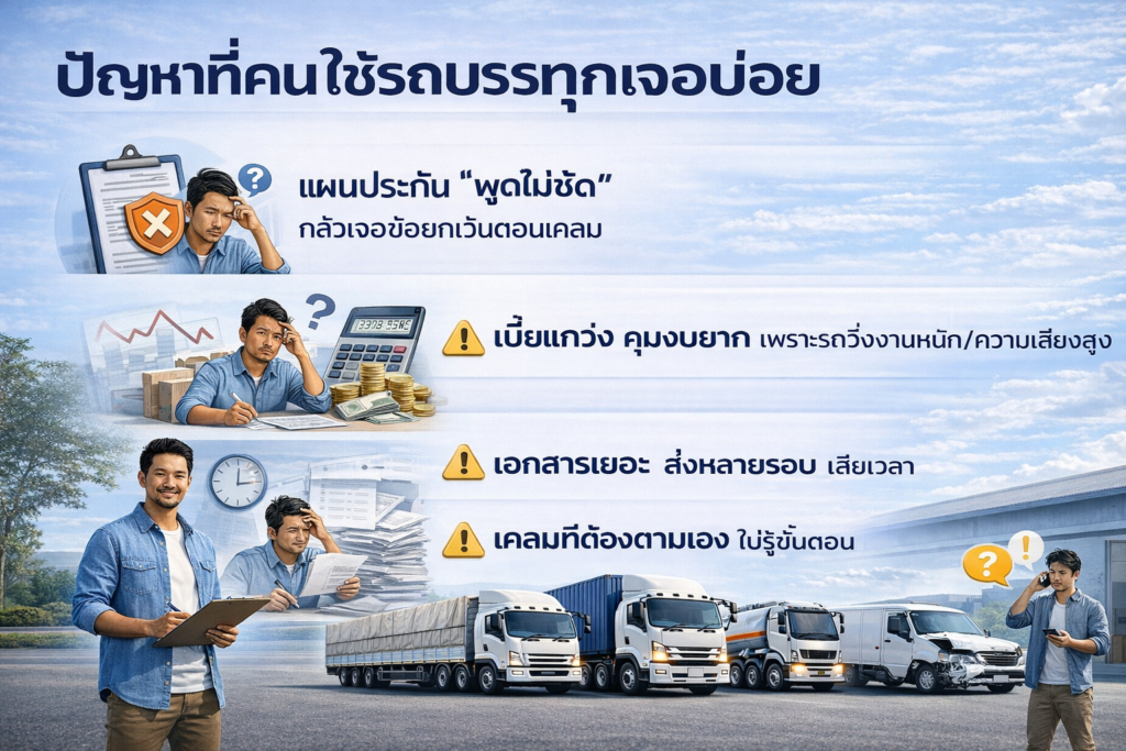 อินโฟกราฟิกภาษาไทย “ปัญหาที่คนใช้รถบรรทุกเจอบ่อย” ระบุ 4 ปัญหา: แผนประกันพูดไม่ชัด, เบี้ยแกว่งคุมงบยาก, เอกสารเยอะส่งหลายรอบ, เคลมต้องตามเองไม่รู้ขั้นตอน พร้อมภาพรถบรรทุกและไอคอนเตือน